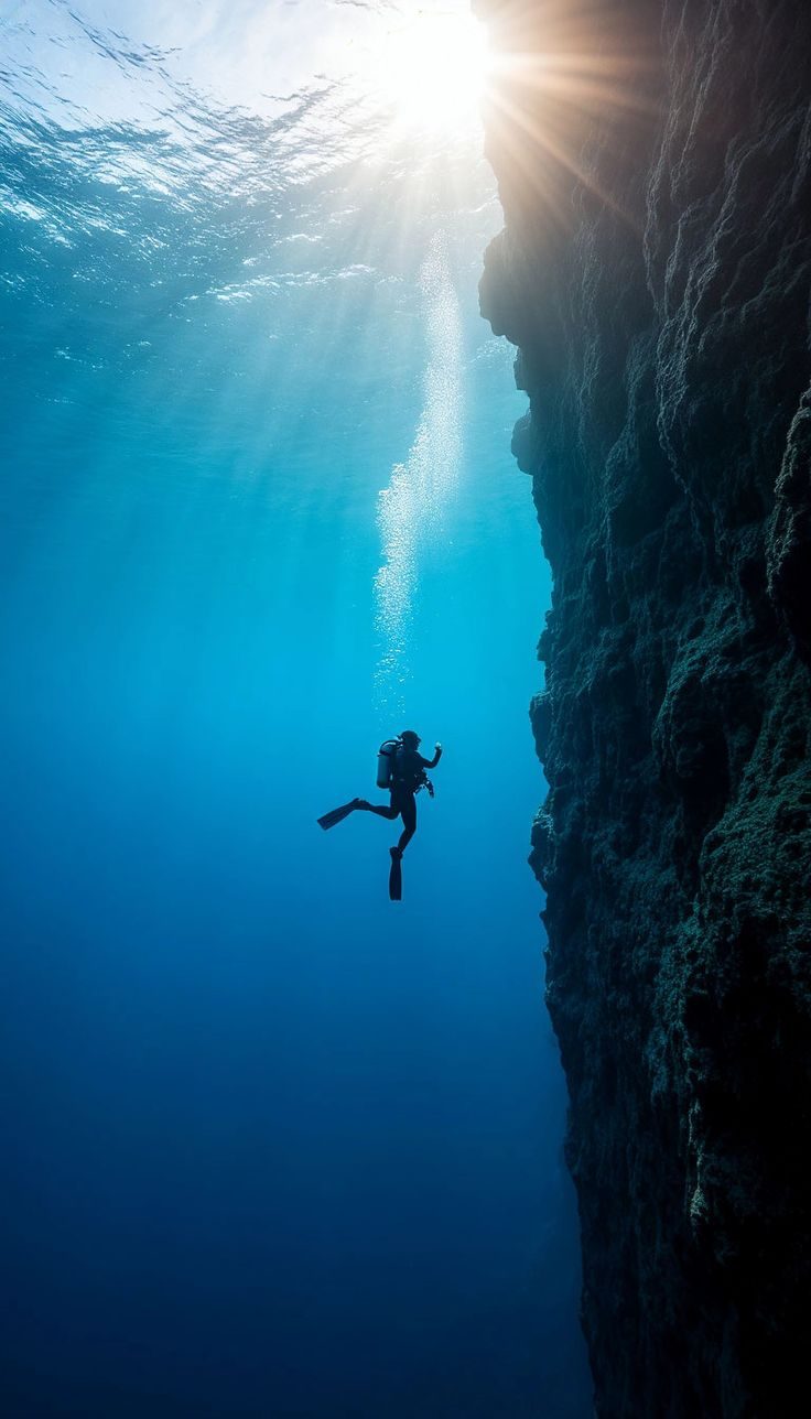 A diver descending beside a sheer reef wall with sunlight breaking through the surface